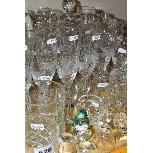 526 - A QUANTITY OF GLASSWARE, including a set of six Royal Brierley sherry glasses with etched floral des... 