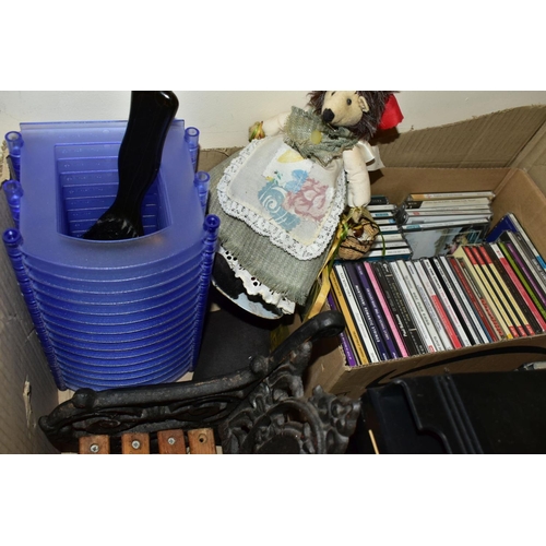 531 - TWO BOXES OF METALWARES, TREEN, SUNDRIES, CD'S, ETC, including cast iron scales and brass pans and w... 