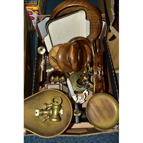 531 - TWO BOXES OF METALWARES, TREEN, SUNDRIES, CD'S, ETC, including cast iron scales and brass pans and w... 