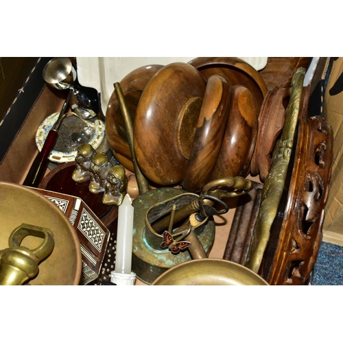 531 - TWO BOXES OF METALWARES, TREEN, SUNDRIES, CD'S, ETC, including cast iron scales and brass pans and w... 