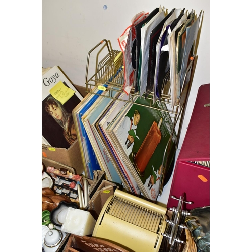 532 - FIVE BOXES AND LOOSE CERAMICS, RECORDS, METALWARES, ETC, including an incomplete set of 83 'The Mast... 