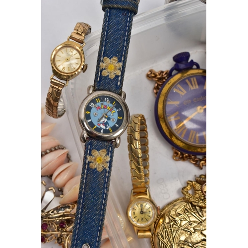 54 - A BOX OF ASSORTED FASHION WATCHES AND A BOX OF COSTUME JEWELLERY, to include ladies and gent's wrist... 