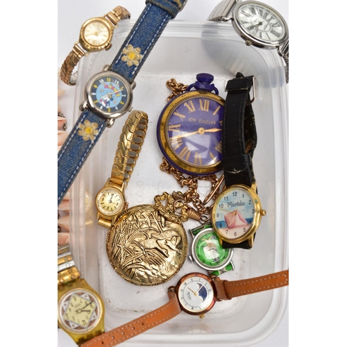 54 - A BOX OF ASSORTED FASHION WATCHES AND A BOX OF COSTUME JEWELLERY, to include ladies and gent's wrist... 