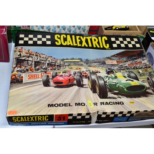 540 - A BOXES SCALEXTRIC MODEL MOTOR RACING SET, No. 31, not complete but with two cars BRM, No. C72  and ... 