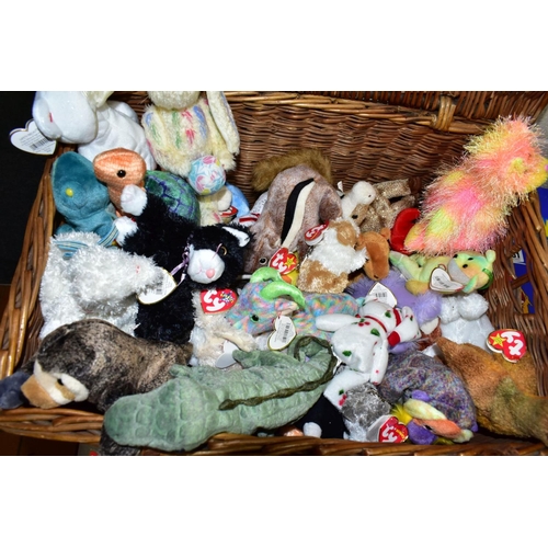 547 - A WICKER BASKET CONTAINING A COLLECTION OF TY BEANIE BABIES, majority complete with tag and label an... 