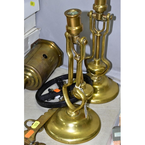 572 - A PAIR OF PLAYMIT AP9009 BRASS SHIPS GIMBAL CANDLE HOLDERS, approximate height 29cm when not wall mo... 