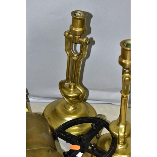 572 - A PAIR OF PLAYMIT AP9009 BRASS SHIPS GIMBAL CANDLE HOLDERS, approximate height 29cm when not wall mo... 