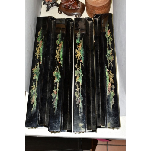 578 - CHINESE DECORATIVE WOODEN ITEMS, comprising four Mah-Jong tile racks, black lacquer and painted deco... 