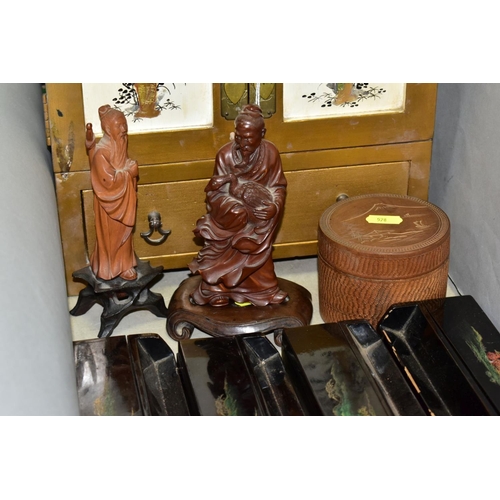 578 - CHINESE DECORATIVE WOODEN ITEMS, comprising four Mah-Jong tile racks, black lacquer and painted deco... 