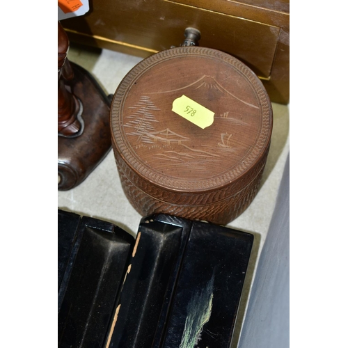 578 - CHINESE DECORATIVE WOODEN ITEMS, comprising four Mah-Jong tile racks, black lacquer and painted deco... 