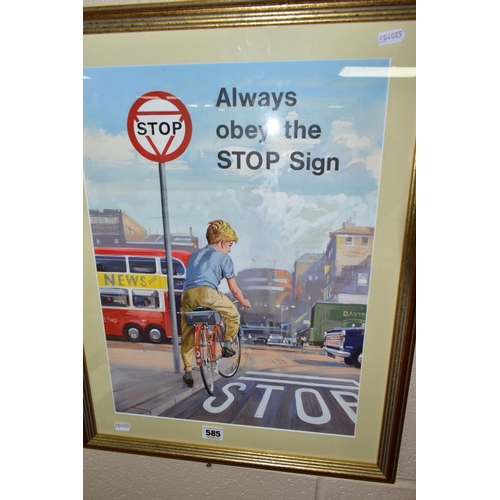 585 - TWO GOUACHE AND WATERCOLOUR ILLUSTRATIONS FOR A CYCLING ROAD SAFETY CAMPAIGN, painted in the style o... 