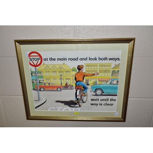 585 - TWO GOUACHE AND WATERCOLOUR ILLUSTRATIONS FOR A CYCLING ROAD SAFETY CAMPAIGN, painted in the style o... 