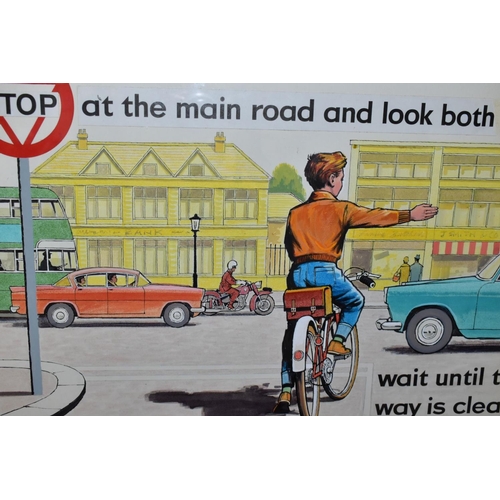 585 - TWO GOUACHE AND WATERCOLOUR ILLUSTRATIONS FOR A CYCLING ROAD SAFETY CAMPAIGN, painted in the style o... 