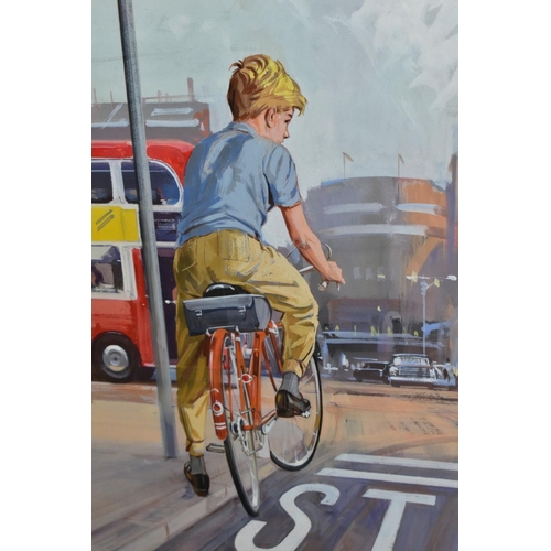 585 - TWO GOUACHE AND WATERCOLOUR ILLUSTRATIONS FOR A CYCLING ROAD SAFETY CAMPAIGN, painted in the style o... 