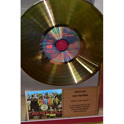 587 - THE BEATLES, THREE COLLECTORS SERIES LIMITED EDITION GOLD DISCS, comprising Sgt Pepper, Abbey Road a... 