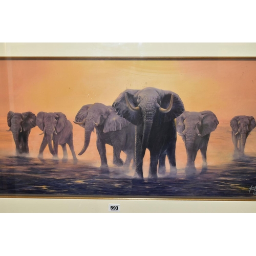 593 - JONATHAN TRUSS (BRITISH 1960) 'THE LAST BIG TUSKER' a limited edition print of a herd of Elephants, ... 