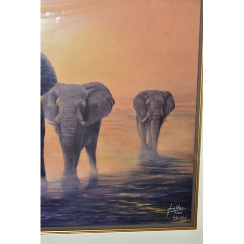 593 - JONATHAN TRUSS (BRITISH 1960) 'THE LAST BIG TUSKER' a limited edition print of a herd of Elephants, ... 