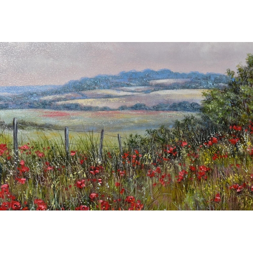 594 - DEBORAH POYNTON (BRITISH CONTEMPORARY) a British landscape with poppy field to the foreground, signe... 