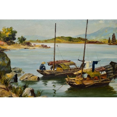 595 - H. CHENG (20TH/21ST CENTURY) two traditional Chinese style boats on a body of water, signed bottom r... 