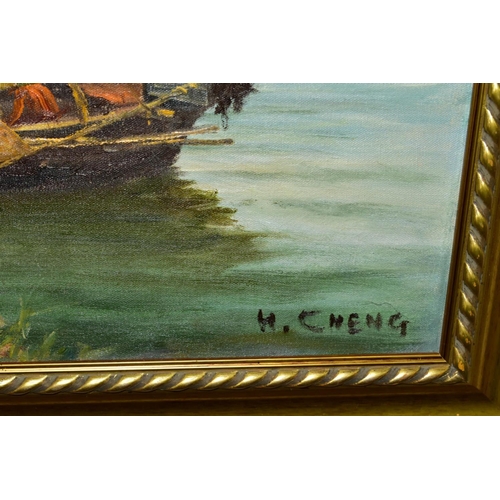 595 - H. CHENG (20TH/21ST CENTURY) two traditional Chinese style boats on a body of water, signed bottom r... 