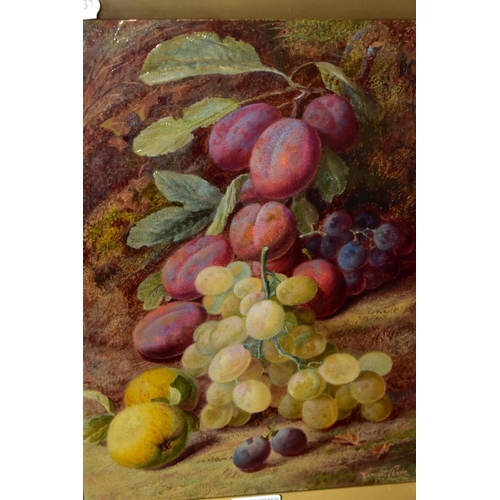 596 - VINCENT CLARE (1855-1930) a still life study of mixed fruits against a mossy backdrop, signed bottom... 