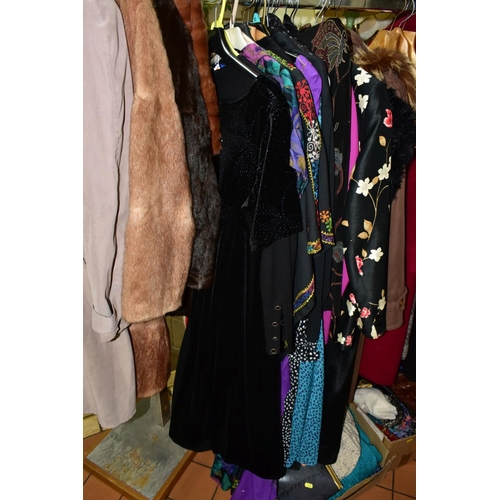 599 - A GROUP OF LADIES EVENING AND DAY WEAR, COATS AND FURS, including Berghaus rain coat, Schneiders coa... 