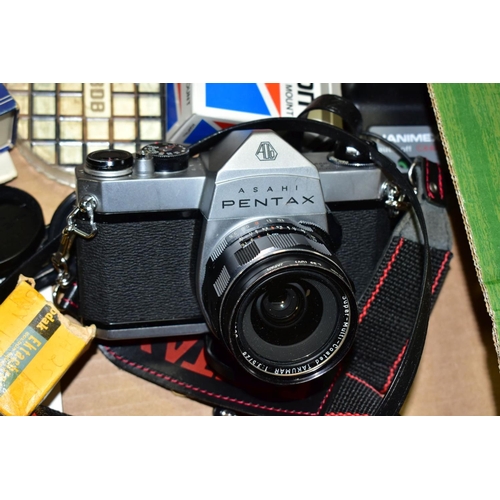 610 - A BOX OF PHOTOGRAPHIC EQUIPMENT, to include a Pentax Sp100 SLR film camera with Pentax 55mm f2 and 2... 