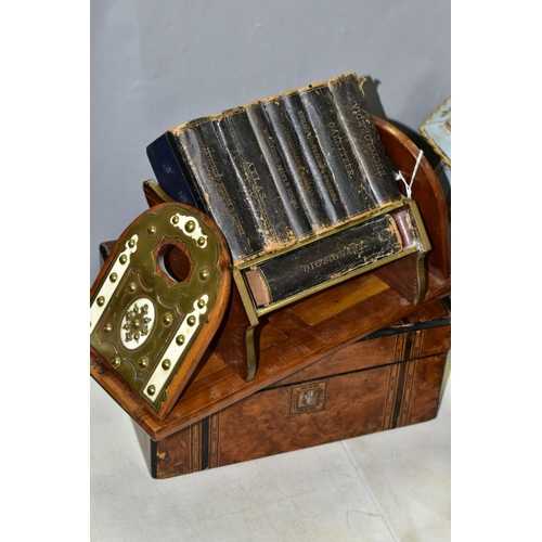 612 - AN EARLY 20TH CENTURY ASPREY TABLE TOP BOOK STAND COMPLETE WITH ASPREY BRANDED BOOKS, of rosewood an... 