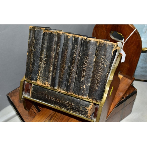 612 - AN EARLY 20TH CENTURY ASPREY TABLE TOP BOOK STAND COMPLETE WITH ASPREY BRANDED BOOKS, of rosewood an... 