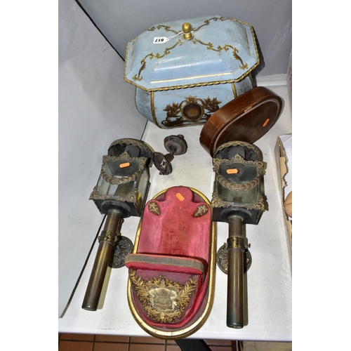 617 - A PAIR OF COACHING LAMPS WITH SWAG DECORATION, converted to electric, approximate height 44cm, toget... 