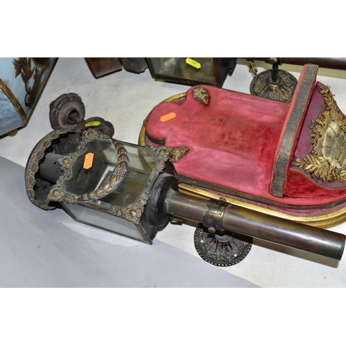 617 - A PAIR OF COACHING LAMPS WITH SWAG DECORATION, converted to electric, approximate height 44cm, toget... 