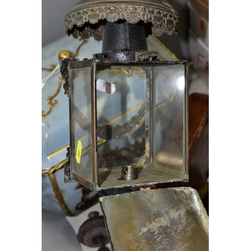 617 - A PAIR OF COACHING LAMPS WITH SWAG DECORATION, converted to electric, approximate height 44cm, toget... 