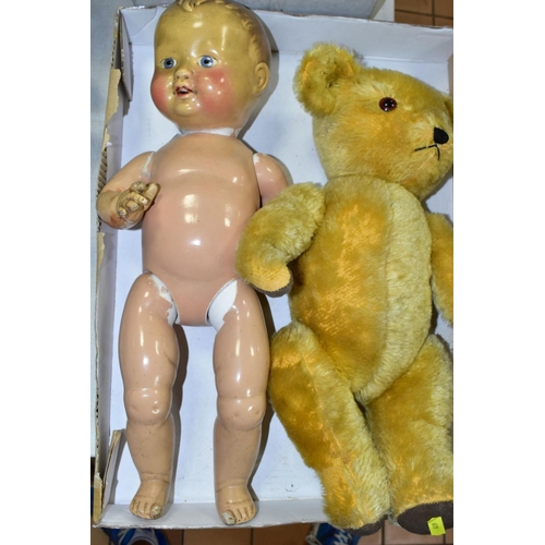 619 - A DEANS CHILDSPLAY GOLDEN PLUSH TEDDY BEAR, plastic eyes, stitched nose and felt pads, plush worn in... 