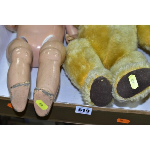 619 - A DEANS CHILDSPLAY GOLDEN PLUSH TEDDY BEAR, plastic eyes, stitched nose and felt pads, plush worn in... 