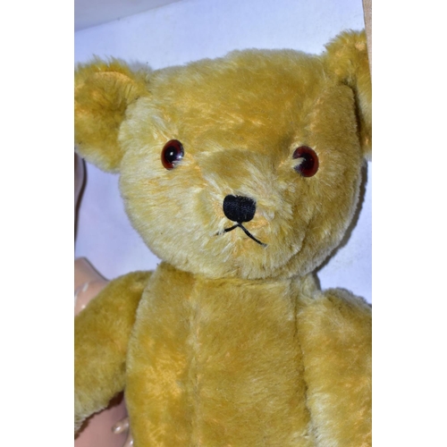 619 - A DEANS CHILDSPLAY GOLDEN PLUSH TEDDY BEAR, plastic eyes, stitched nose and felt pads, plush worn in... 