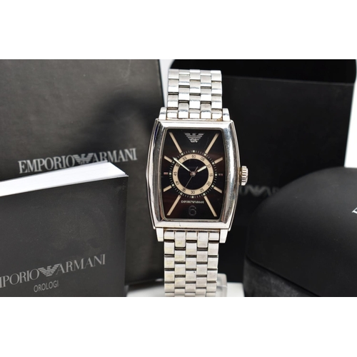 62 - A GENTS EMPORIO ARMANI WRISTWATCH, rounded rectangular black dial, Emporio Armani emblem at the twel... 