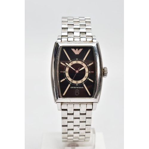 62 - A GENTS EMPORIO ARMANI WRISTWATCH, rounded rectangular black dial, Emporio Armani emblem at the twel... 