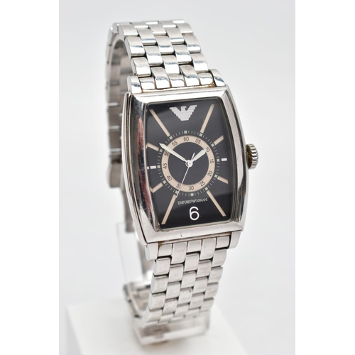 62 - A GENTS EMPORIO ARMANI WRISTWATCH, rounded rectangular black dial, Emporio Armani emblem at the twel... 