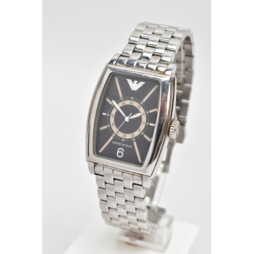 62 - A GENTS EMPORIO ARMANI WRISTWATCH, rounded rectangular black dial, Emporio Armani emblem at the twel... 