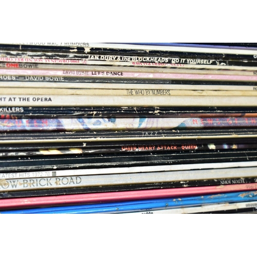 624 - A TRAY CONTAINING OVER SIXTY LP'S OF MOSTLY ROCK MUSIC, including by Queen, three by David Bowie, tw... 