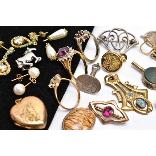 63 - A BOX OF ASSORTED YELLOW AND WHITE METAL JEWELLERY, to include a pair of non-pierced yellow metal ga... 