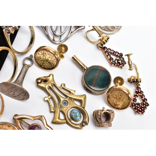 63 - A BOX OF ASSORTED YELLOW AND WHITE METAL JEWELLERY, to include a pair of non-pierced yellow metal ga... 