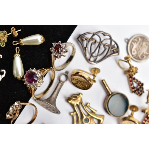 63 - A BOX OF ASSORTED YELLOW AND WHITE METAL JEWELLERY, to include a pair of non-pierced yellow metal ga... 