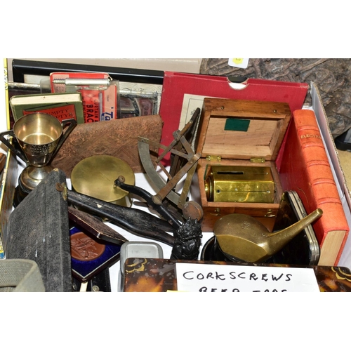 633 - A BOX AND LOOSE OF COLLECTABLES, including a tin of corkscrews and beer taps, a cased brass surveyor... 