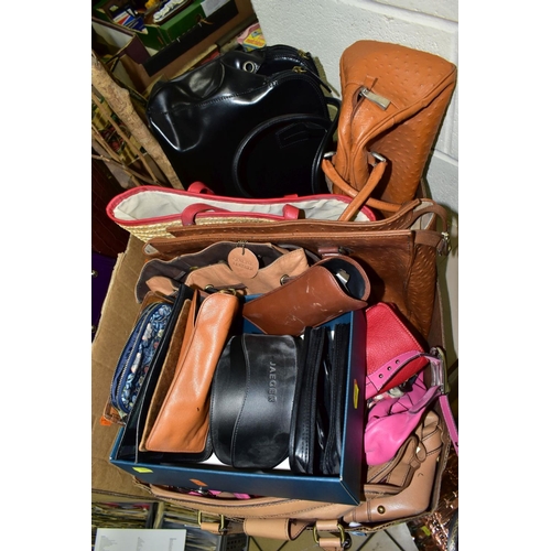 635 - TWO BOXES OF HANDBAGS AND A BOX OF SUNGLASSES, the handbags to include Radley, Betty Barclay, Lulu G... 