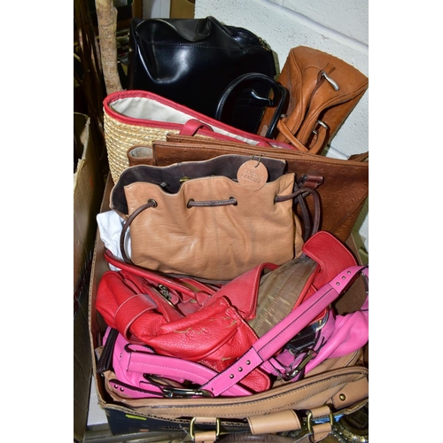 635 - TWO BOXES OF HANDBAGS AND A BOX OF SUNGLASSES, the handbags to include Radley, Betty Barclay, Lulu G... 