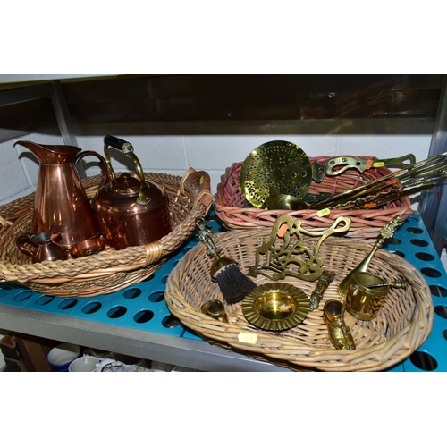 638 - A GROUP OF COPPER, BRASS, WICKER BASKETS, ETC, including a set of balance scales on a mahogany plint... 