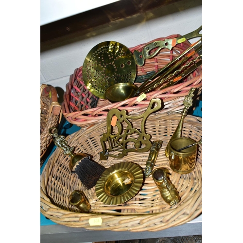 638 - A GROUP OF COPPER, BRASS, WICKER BASKETS, ETC, including a set of balance scales on a mahogany plint... 