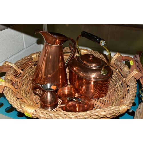 638 - A GROUP OF COPPER, BRASS, WICKER BASKETS, ETC, including a set of balance scales on a mahogany plint... 