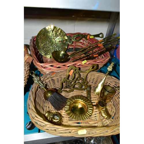 638 - A GROUP OF COPPER, BRASS, WICKER BASKETS, ETC, including a set of balance scales on a mahogany plint... 